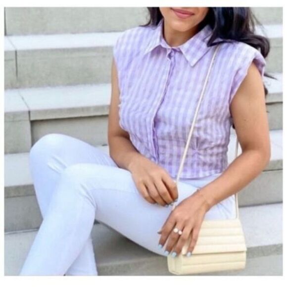 Zara Tops - Zara Gingham Crop Top Button Down Blouse Shoulder Pads‎ Bright Pastel